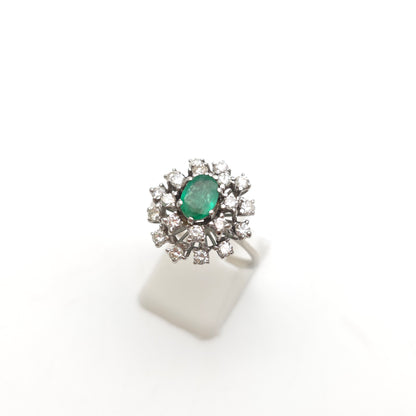 18ct White Gold Vintage Large Emerald And Diamond Multistone Cluster Ring