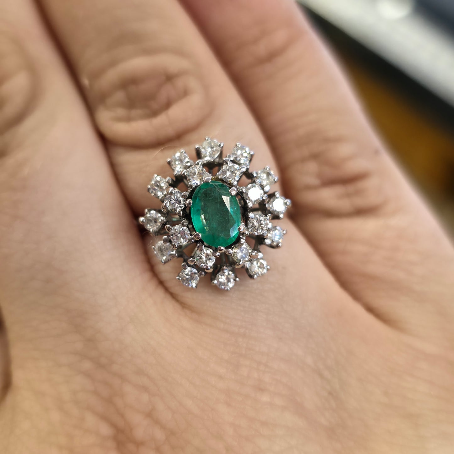 18ct White Gold Vintage Large Emerald And Diamond Multistone Cluster Ring