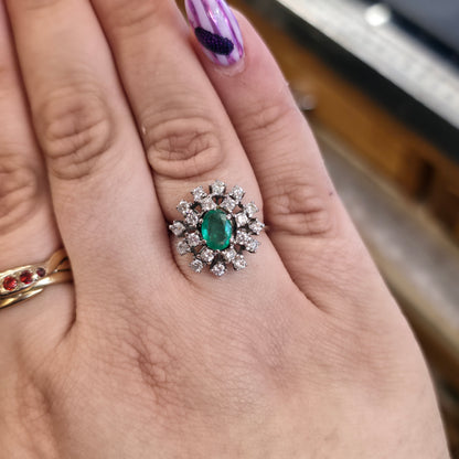 18ct White Gold Vintage Large Emerald And Diamond Multistone Cluster Ring