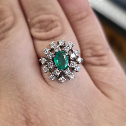 18ct White Gold Vintage Large Emerald And Diamond Multistone Cluster Ring