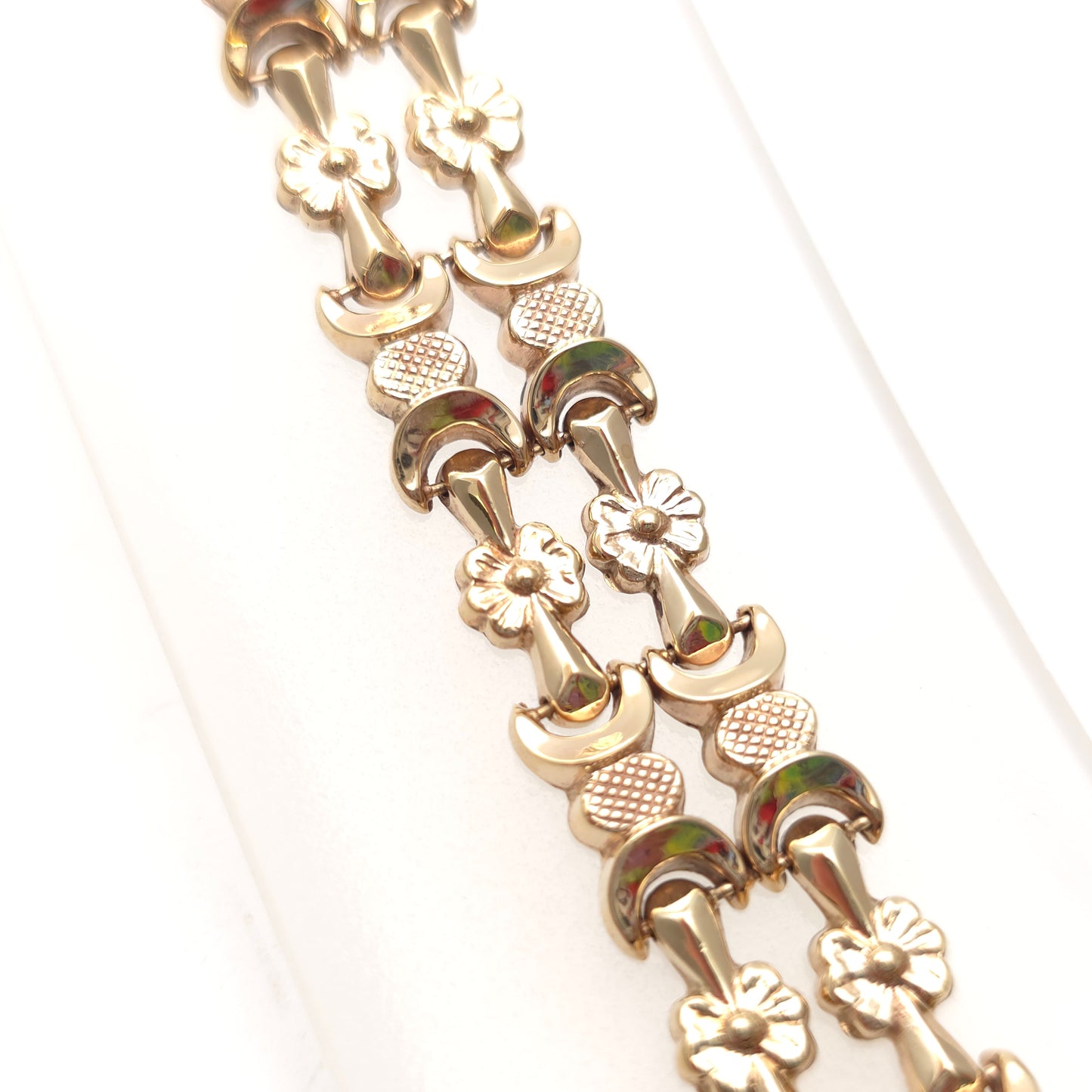 9ct Yellow Gold Antique Hollow Link Floral Fancy Link Cuff Bracelet