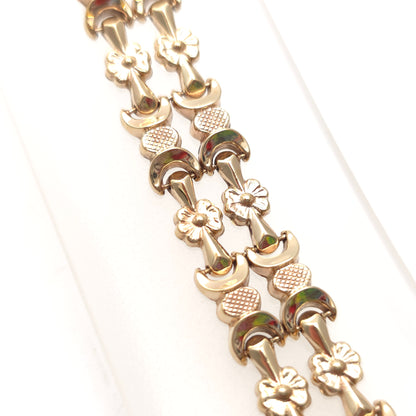 9ct Yellow Gold Antique Hollow Link Floral Fancy Link Cuff Bracelet