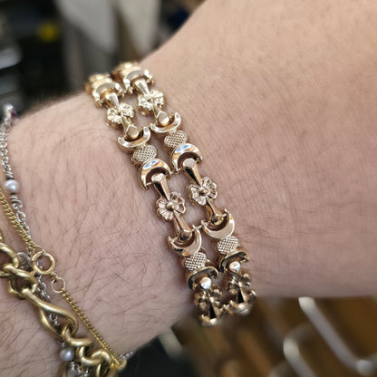 9ct Yellow Gold Antique Hollow Link Floral Fancy Link Cuff Bracelet