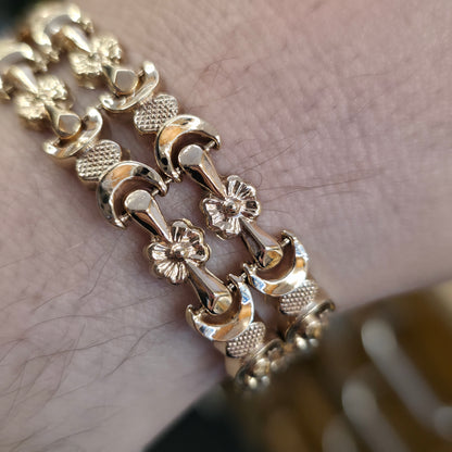 9ct Yellow Gold Antique Hollow Link Floral Fancy Link Cuff Bracelet