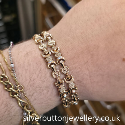 9ct Yellow Gold Antique Hollow Link Floral Fancy Link Cuff Bracelet