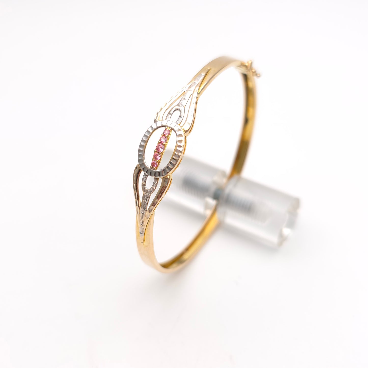 9ct Yellow Gold With White Gold Detail Pink Stone Set Lightweight Bangle