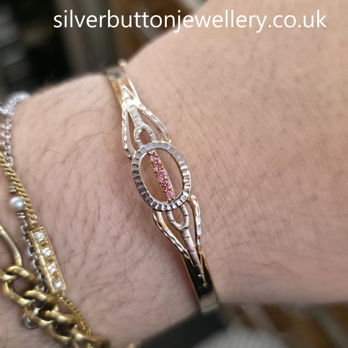 9ct Yellow Gold With White Gold Detail Pink Stone Set Lightweight Bangle