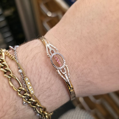 9ct Yellow Gold With White Gold Detail Pink Stone Set Lightweight Bangle