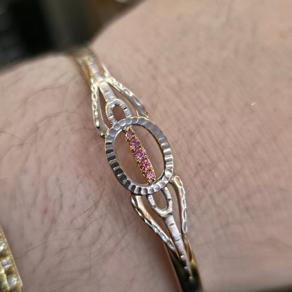 9ct Yellow Gold With White Gold Detail Pink Stone Set Lightweight Bangle