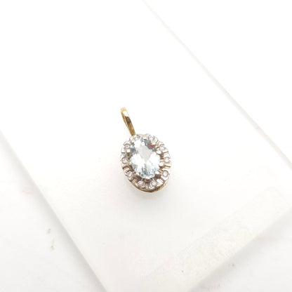 9ct Yellow And White Gold Vintage Aquamarine And Diamond Halo Pendant