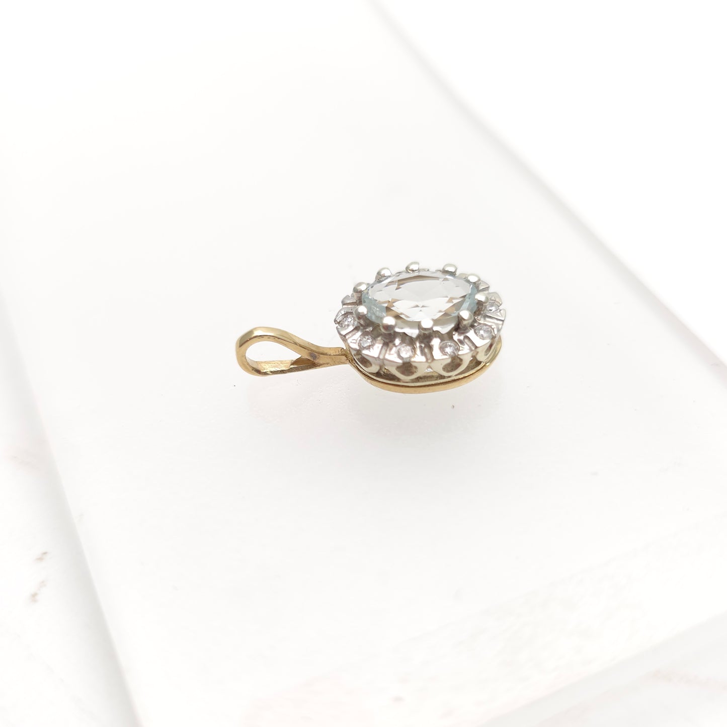 9ct Yellow And White Gold Vintage Aquamarine And Diamond Halo Pendant
