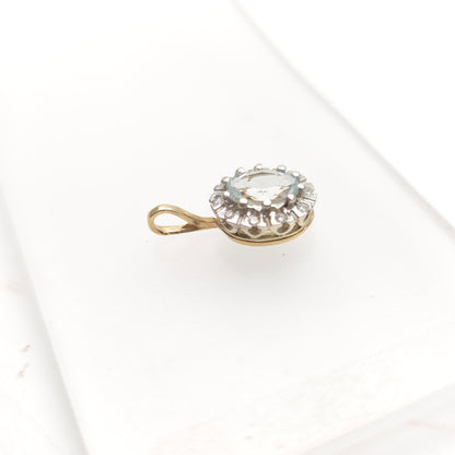 9ct Yellow And White Gold Vintage Aquamarine And Diamond Halo Pendant