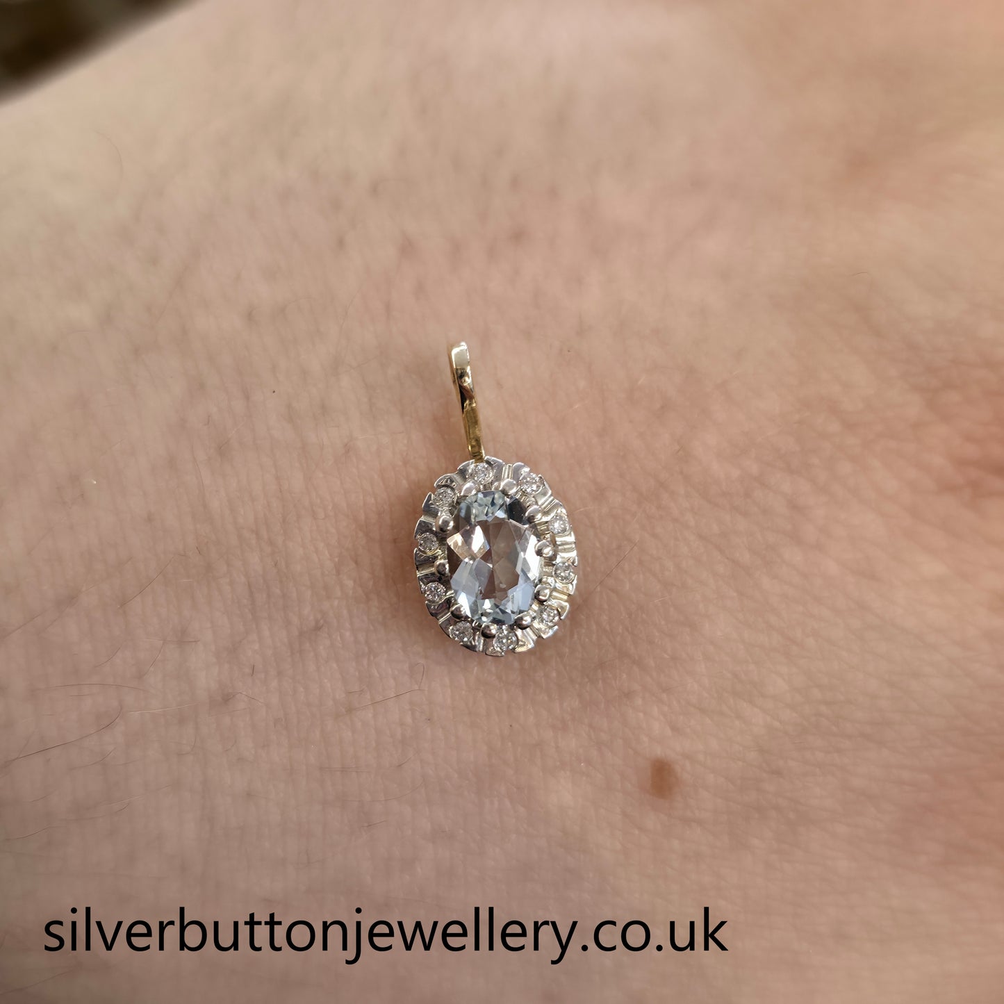 9ct Yellow And White Gold Vintage Aquamarine And Diamond Halo Pendant
