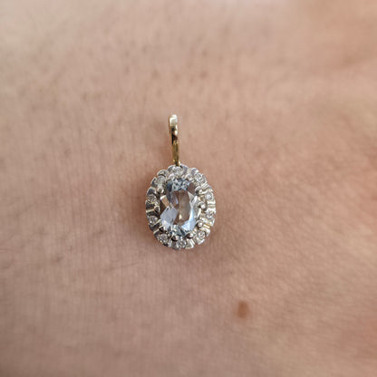 9ct Yellow And White Gold Vintage Aquamarine And Diamond Halo Pendant