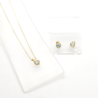 9ct Yellow Gold Heart Cut Blue Topaz Solitaire Pendant And Stud Earring Set