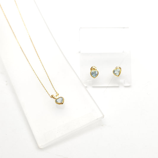 9ct Yellow Gold Heart Cut Blue Topaz Solitaire Pendant And Stud Earring Set