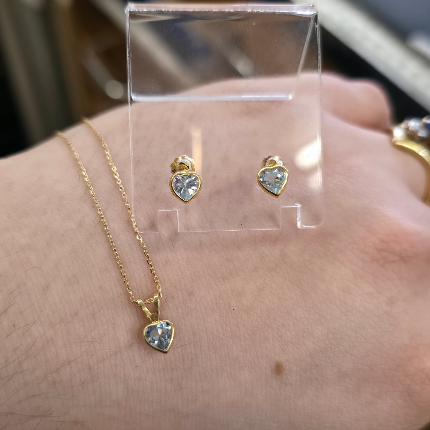 9ct Yellow Gold Heart Cut Blue Topaz Solitaire Pendant And Stud Earring Set