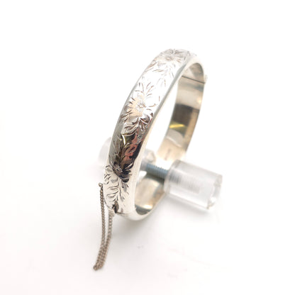 Sterling Silver Vintage Floral Engraved Patterned Hinged Bangle