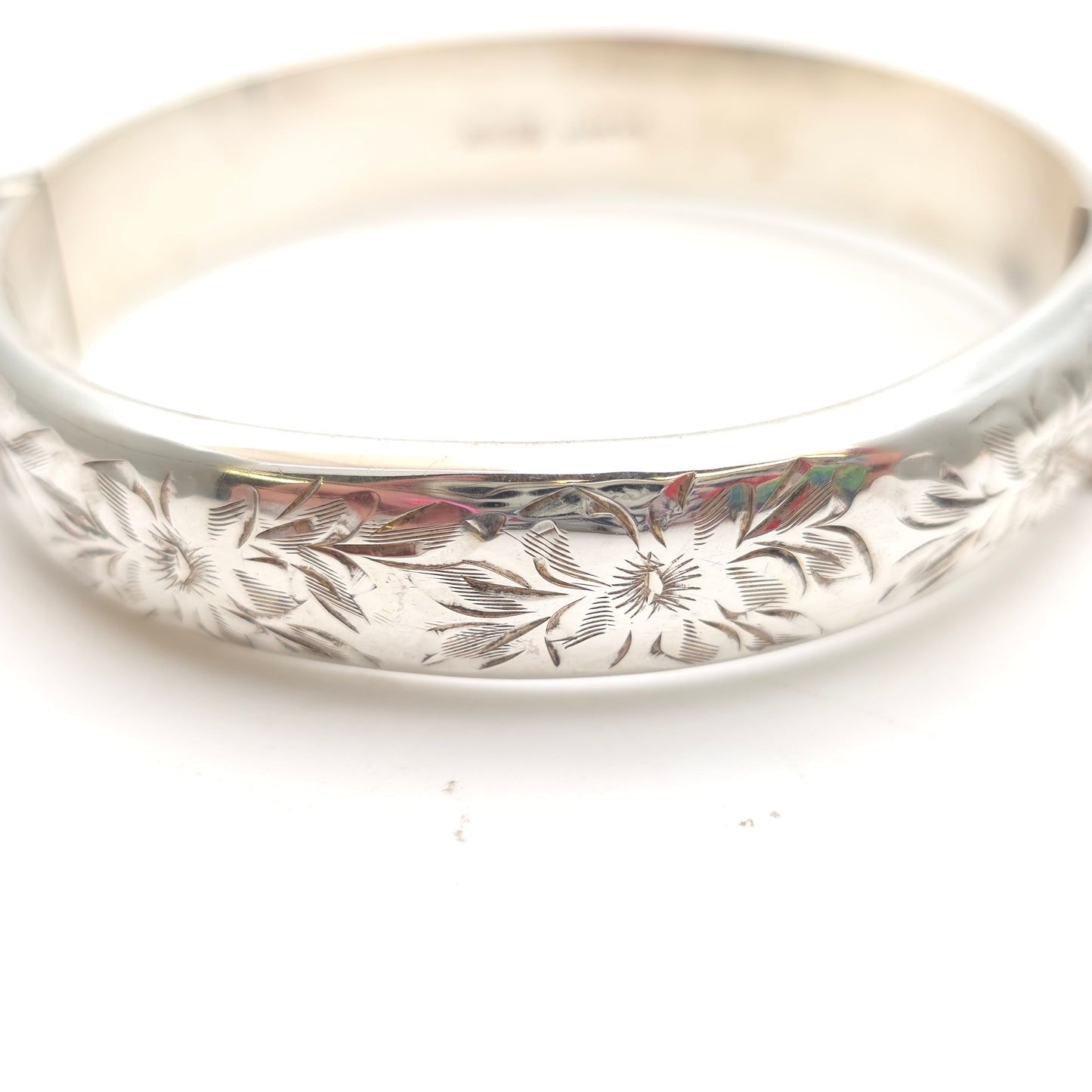 Sterling Silver Vintage Floral Engraved Patterned Hinged Bangle