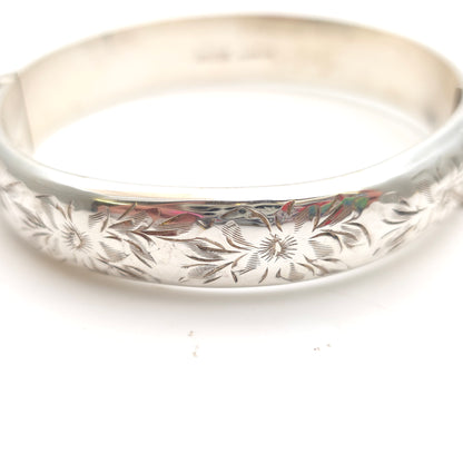 Sterling Silver Vintage Floral Engraved Patterned Hinged Bangle