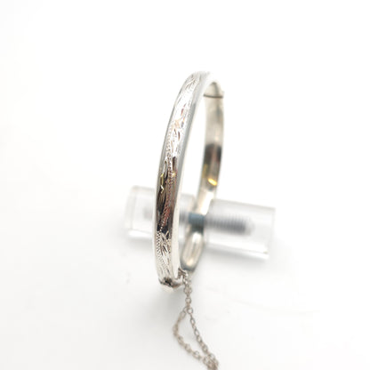 Sterling Silver Vintage Narrow Engraved Half Patterned Hinged Bangle