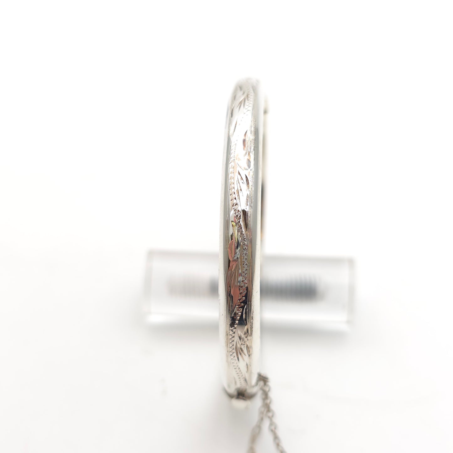 Sterling Silver Vintage Narrow Engraved Half Patterned Hinged Bangle