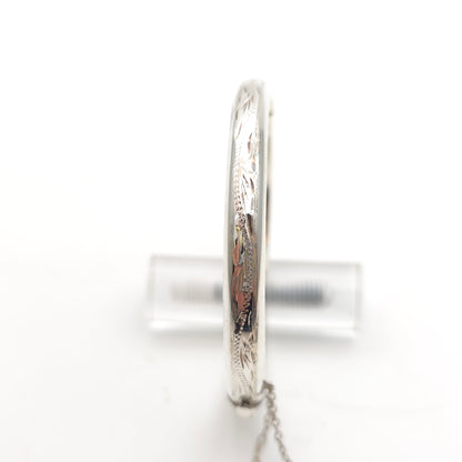 Sterling Silver Vintage Narrow Engraved Half Patterned Hinged Bangle