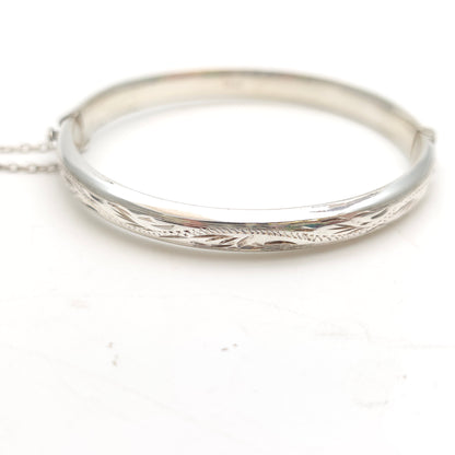 Sterling Silver Vintage Narrow Engraved Half Patterned Hinged Bangle