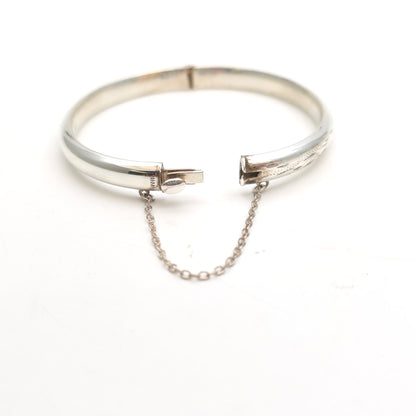 Sterling Silver Vintage Narrow Engraved Half Patterned Hinged Bangle