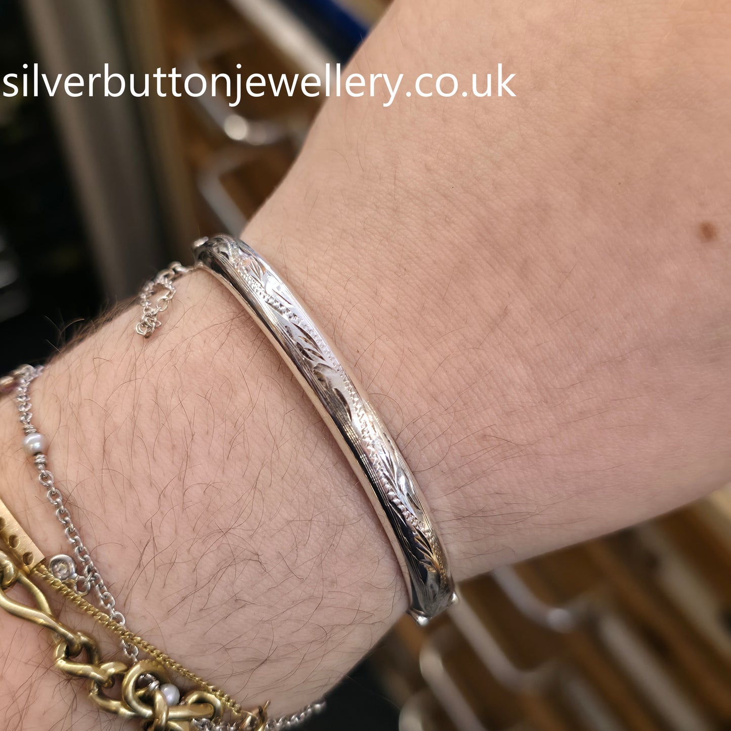 Sterling Silver Vintage Narrow Engraved Half Patterned Hinged Bangle