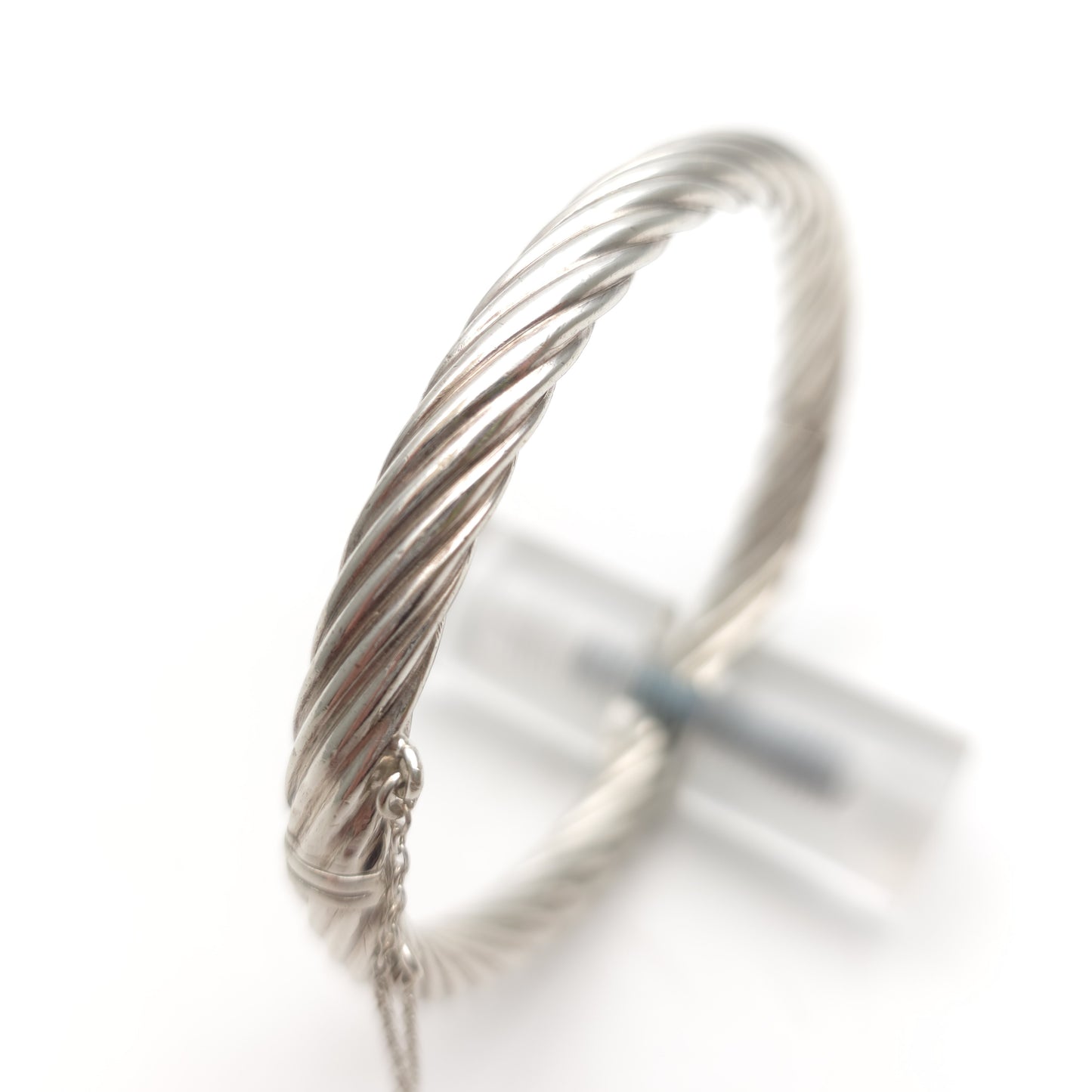 Sterling Silver Vintage Twisted Striped Ribbed Hinged Bangle With Safety Chain