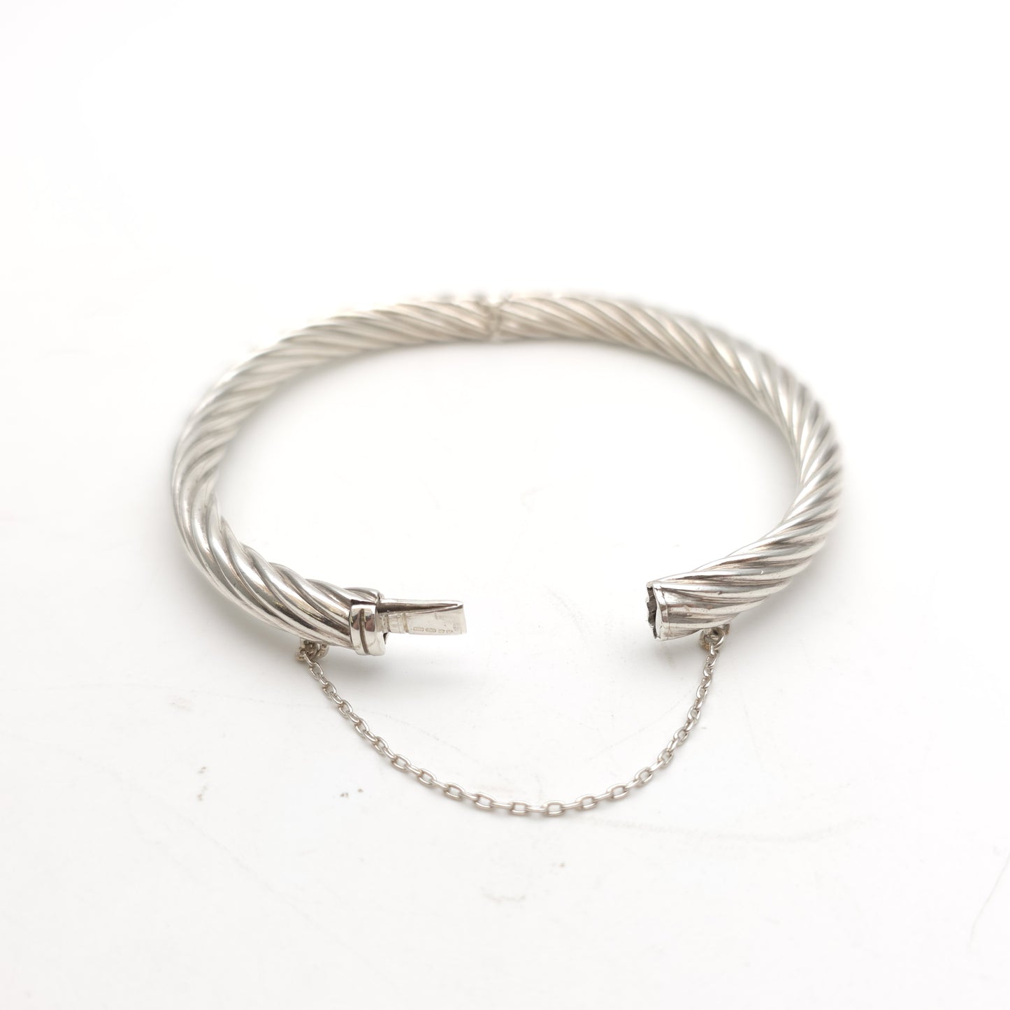 Sterling Silver Vintage Twisted Striped Ribbed Hinged Bangle With Safety Chain