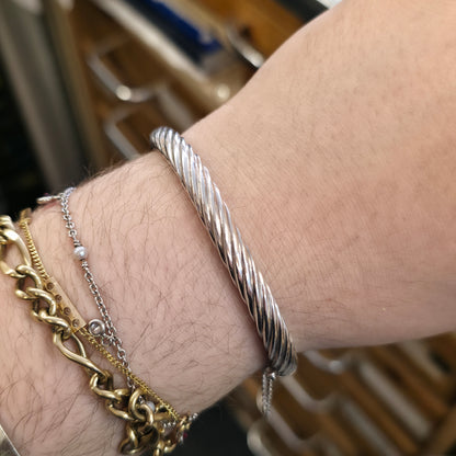 Sterling Silver Vintage Twisted Striped Ribbed Hinged Bangle With Safety Chain