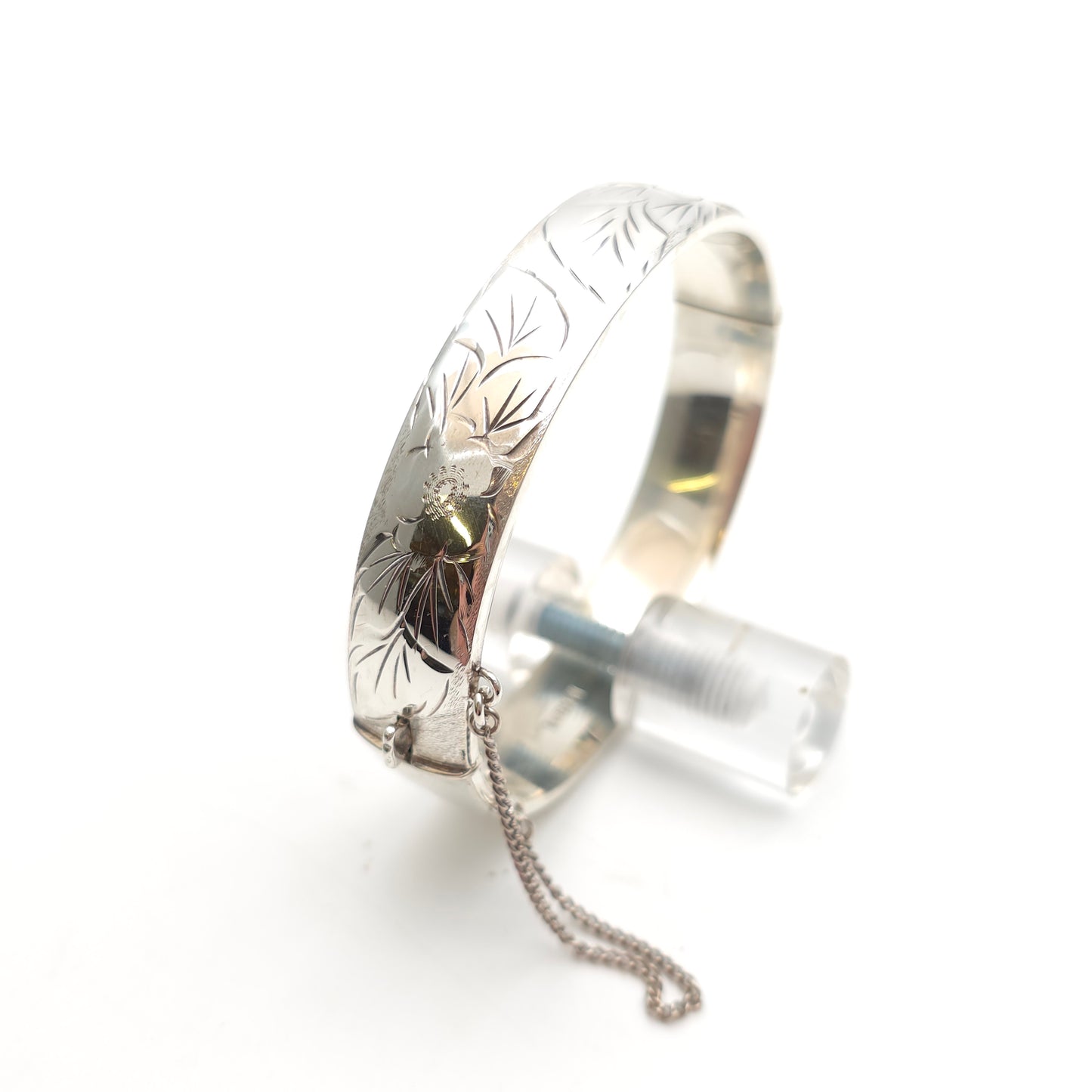 Sterling Silver Vintage Half Engraved Floral Hinged Bangle