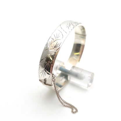 Sterling Silver Vintage Half Engraved Floral Hinged Bangle