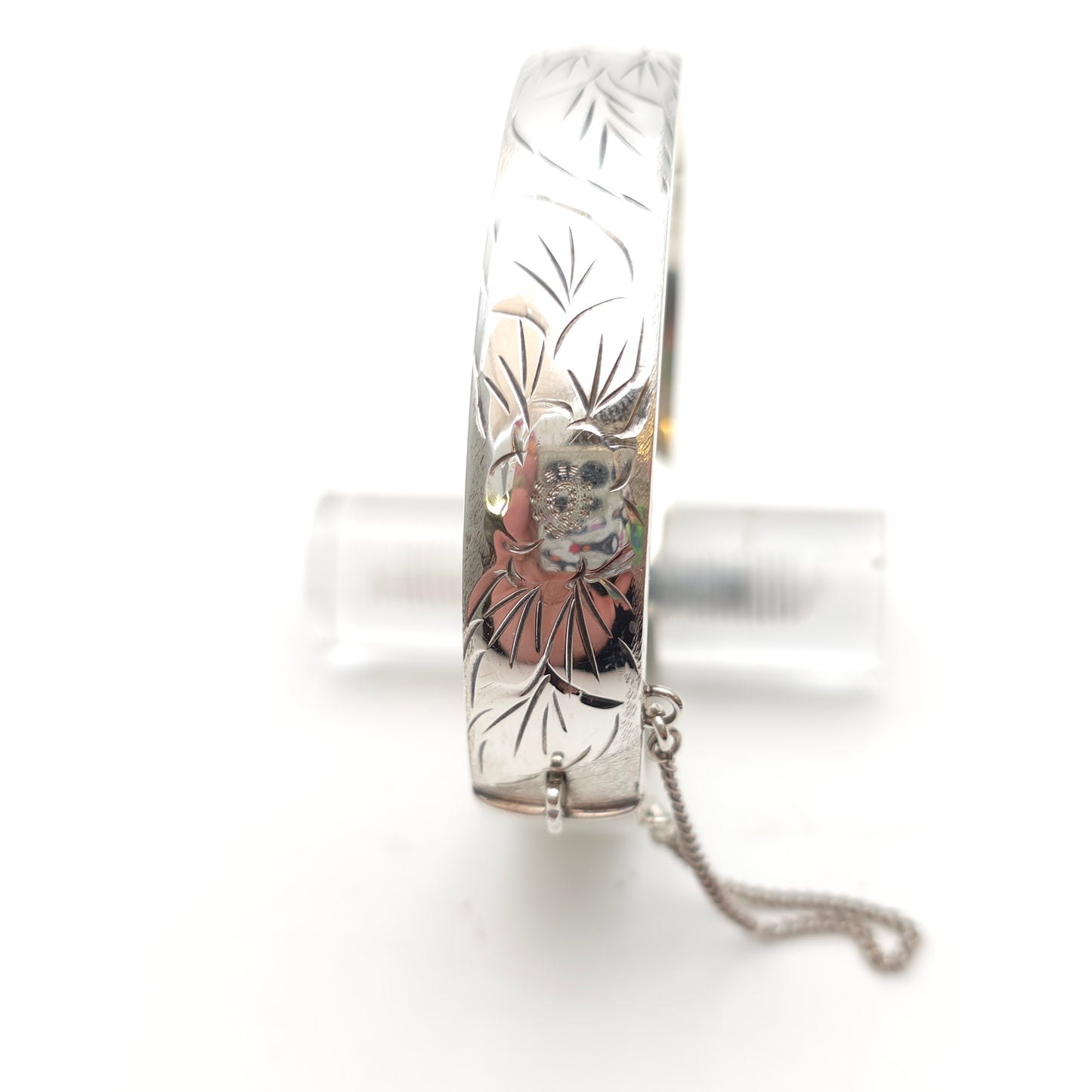 Sterling Silver Vintage Half Engraved Floral Hinged Bangle
