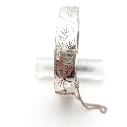 Sterling Silver Vintage Half Engraved Floral Hinged Bangle
