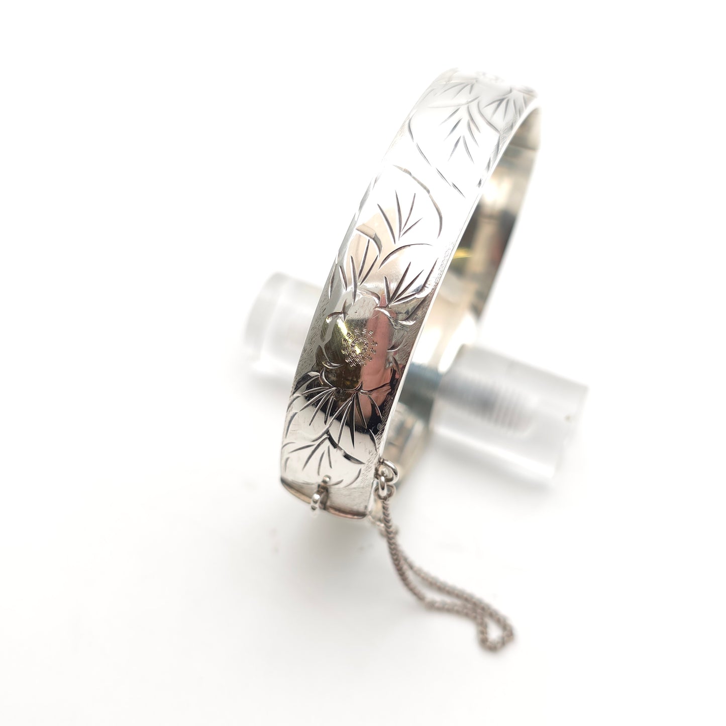 Sterling Silver Vintage Half Engraved Floral Hinged Bangle