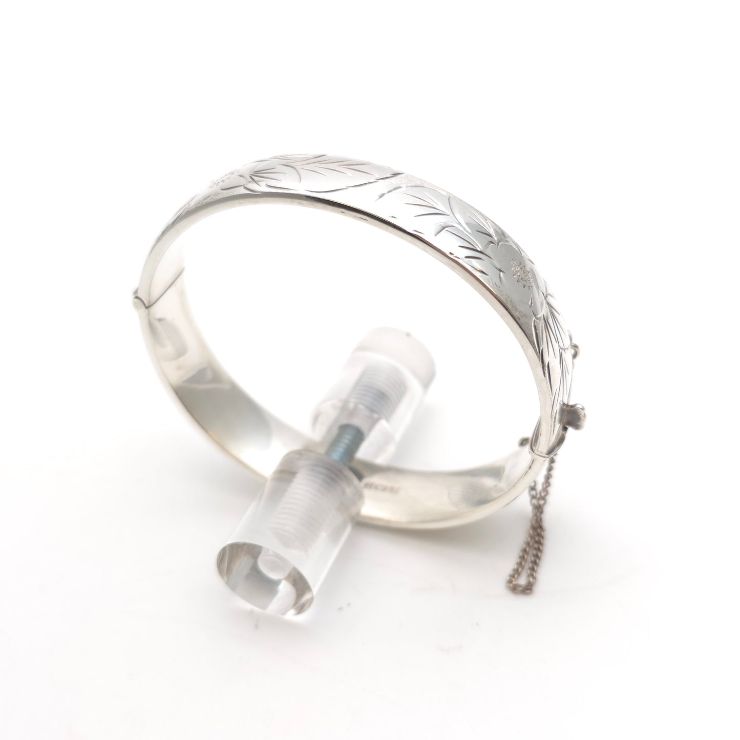 Sterling Silver Vintage Half Engraved Floral Hinged Bangle