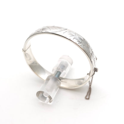 Sterling Silver Vintage Half Engraved Floral Hinged Bangle