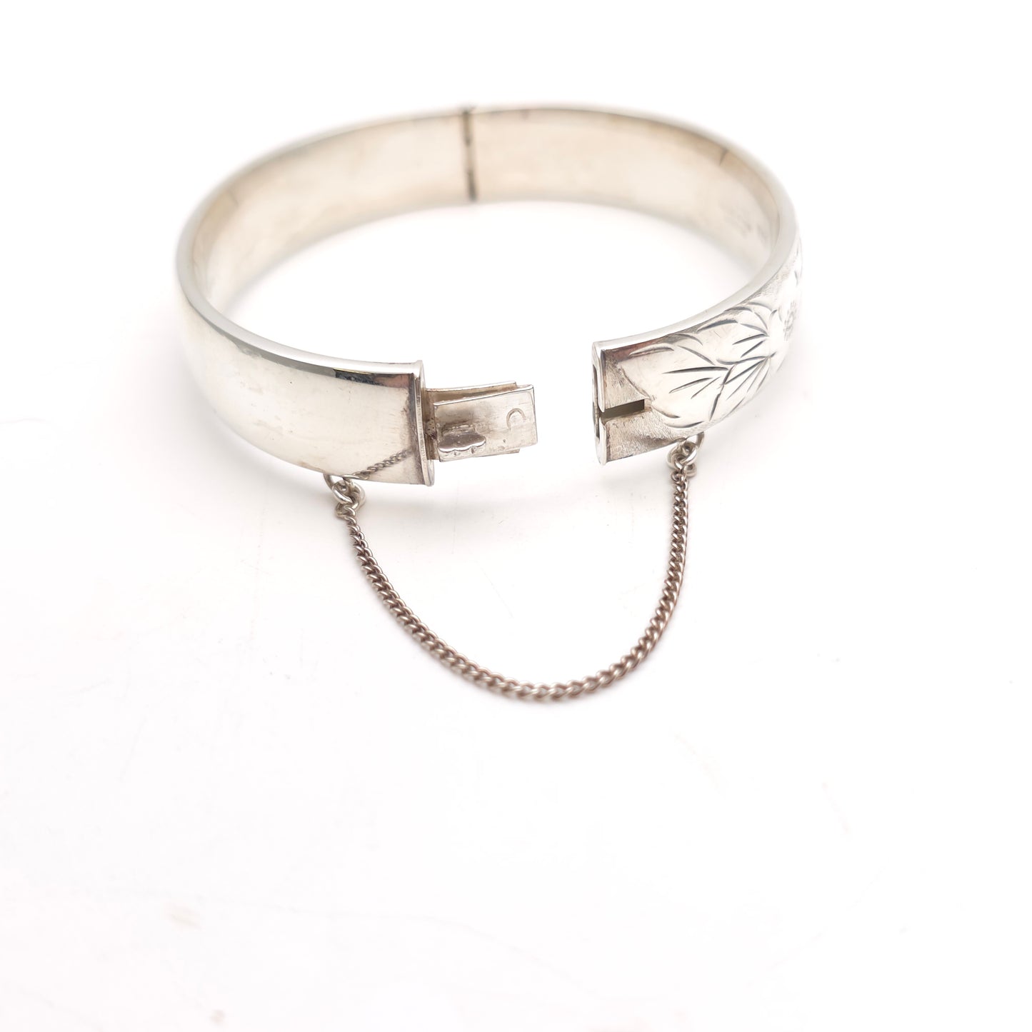 Sterling Silver Vintage Half Engraved Floral Hinged Bangle