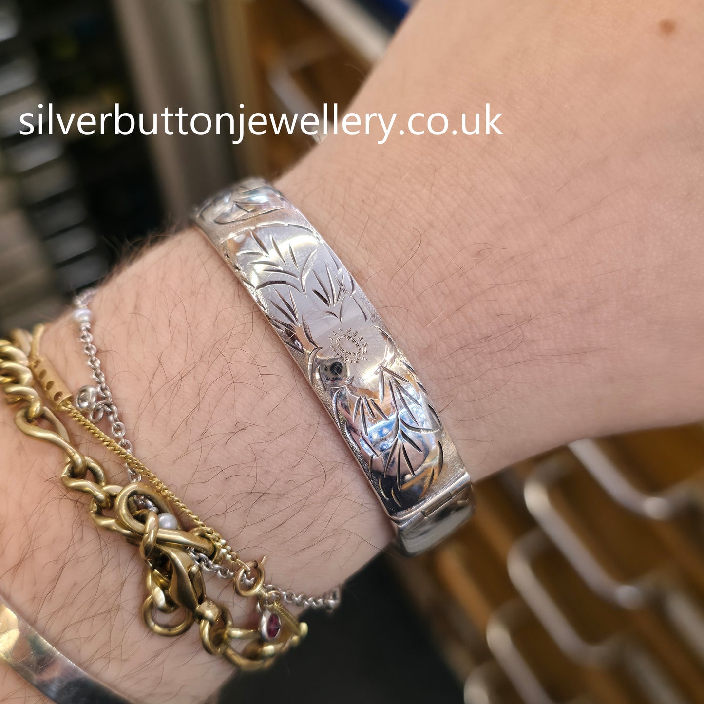 Sterling Silver Vintage Half Engraved Floral Hinged Bangle