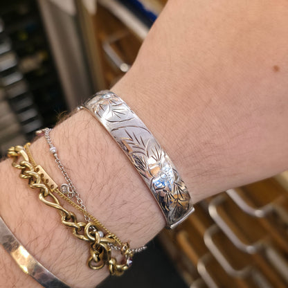 Sterling Silver Vintage Half Engraved Floral Hinged Bangle