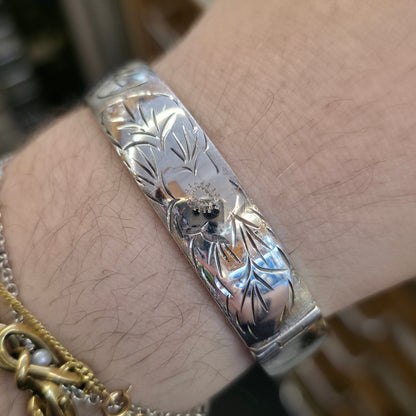 Sterling Silver Vintage Half Engraved Floral Hinged Bangle