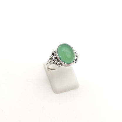 Sterling Silver Oval Cabochon Green Stone Solitaire Fancy Shoulders Ring