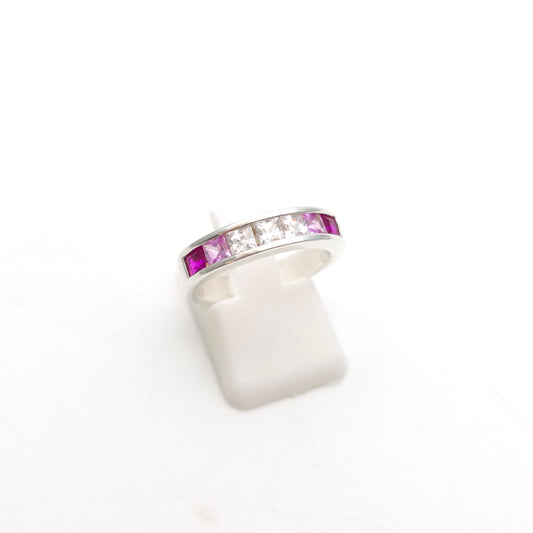 Sterling Silver Princess Cut Pink And White Stone Graduated Channel Set Ring
