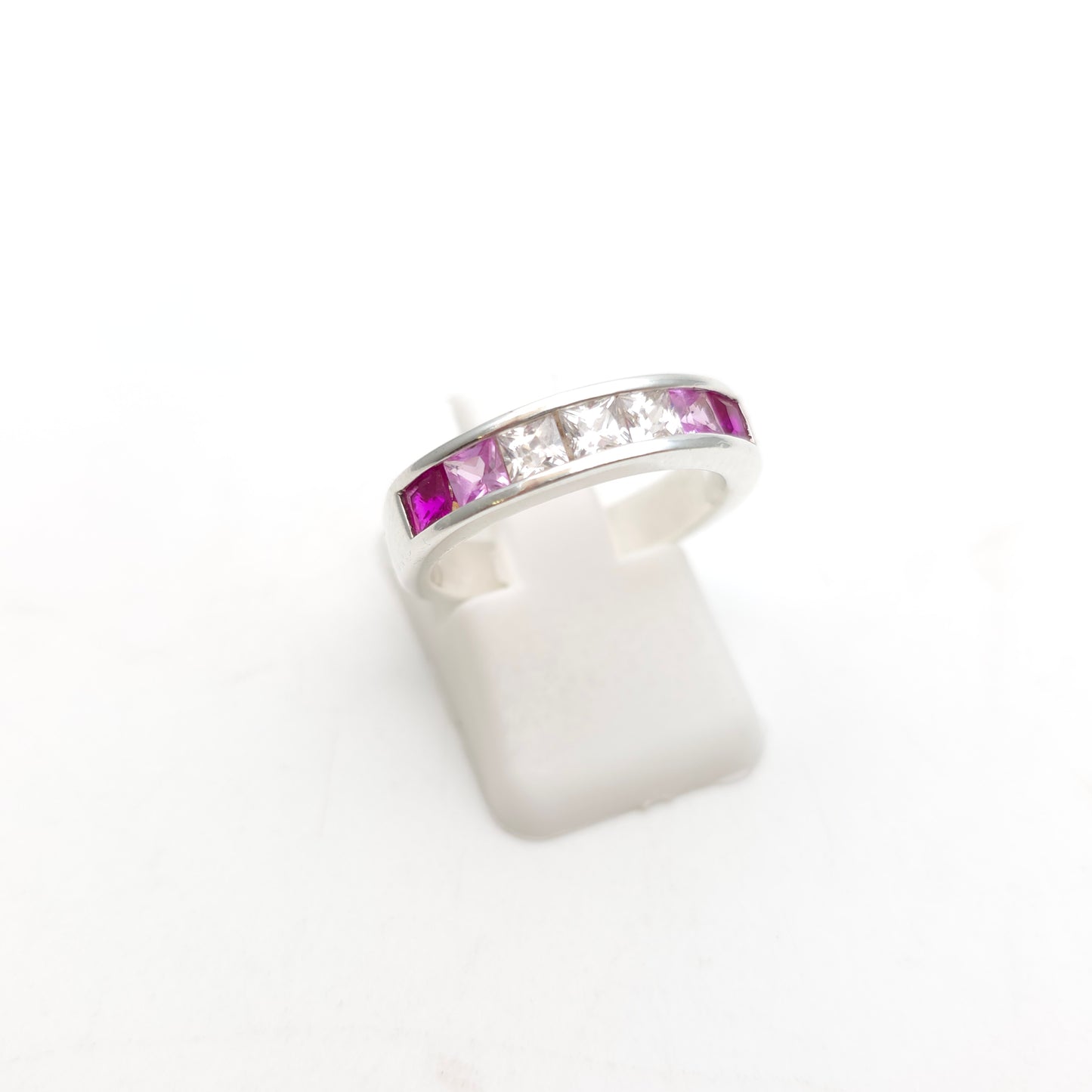 Sterling Silver Princess Cut Pink And White Stone Graduated Channel Set Ring