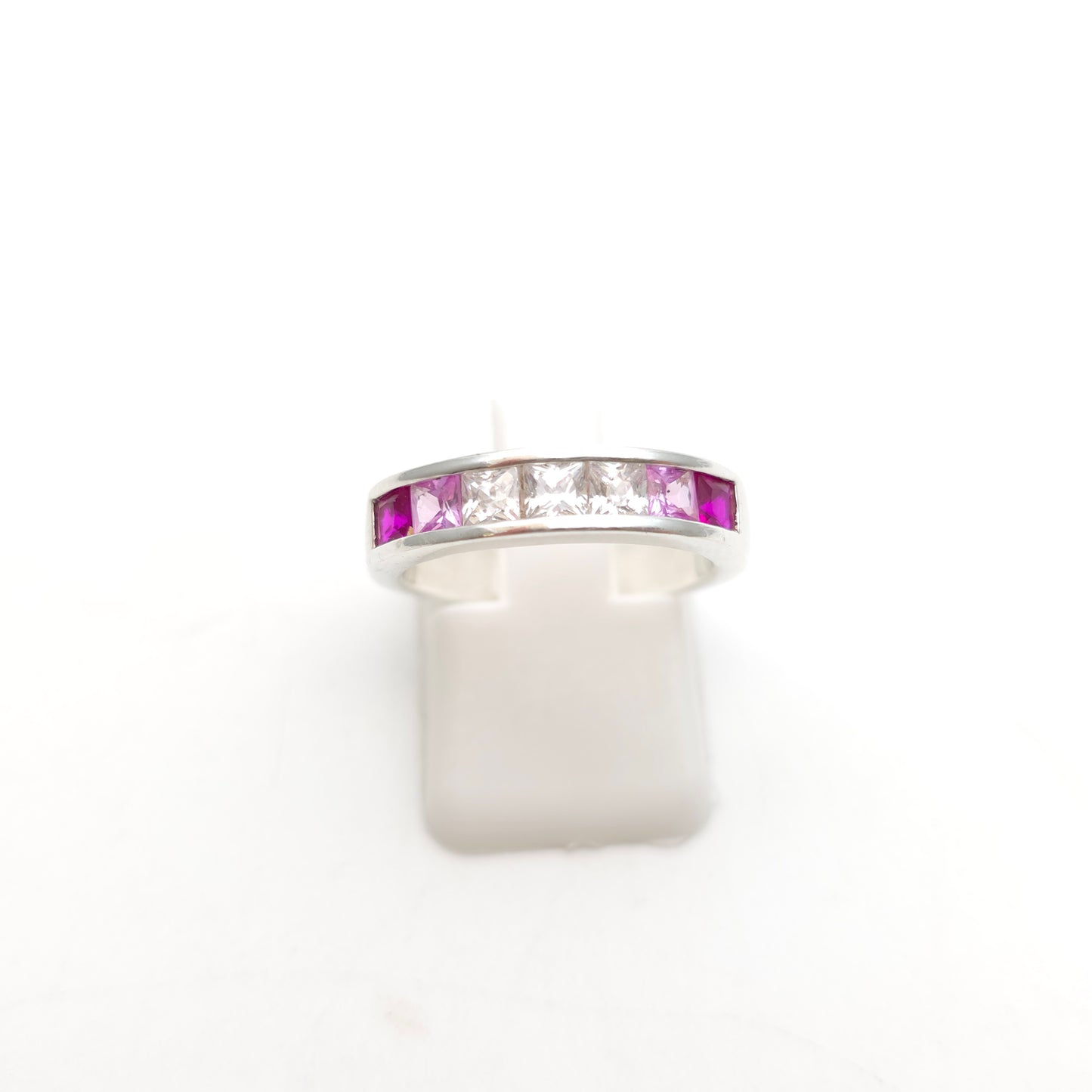 Sterling Silver Princess Cut Pink And White Stone Graduated Channel Set Ring