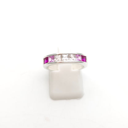 Sterling Silver Princess Cut Pink And White Stone Graduated Channel Set Ring