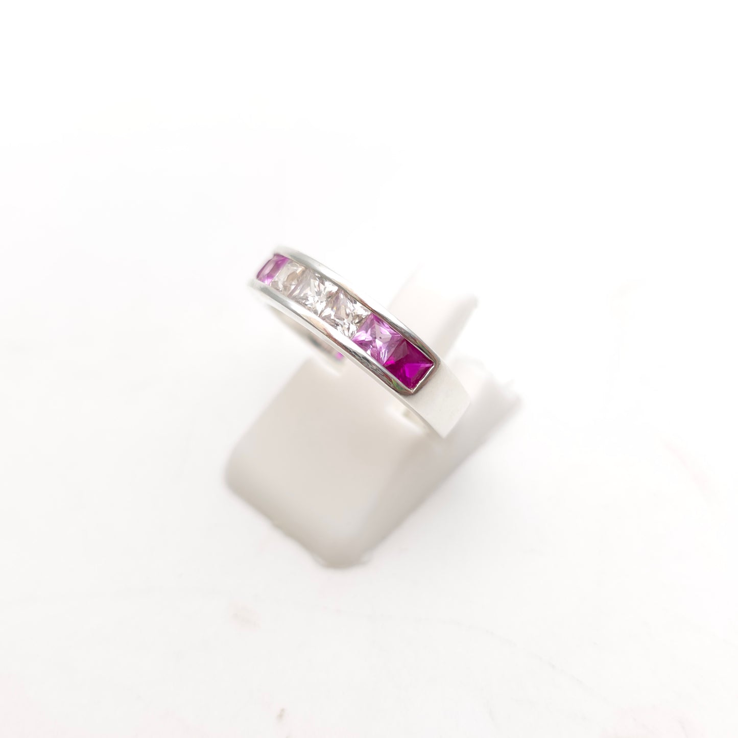 Sterling Silver Princess Cut Pink And White Stone Graduated Channel Set Ring